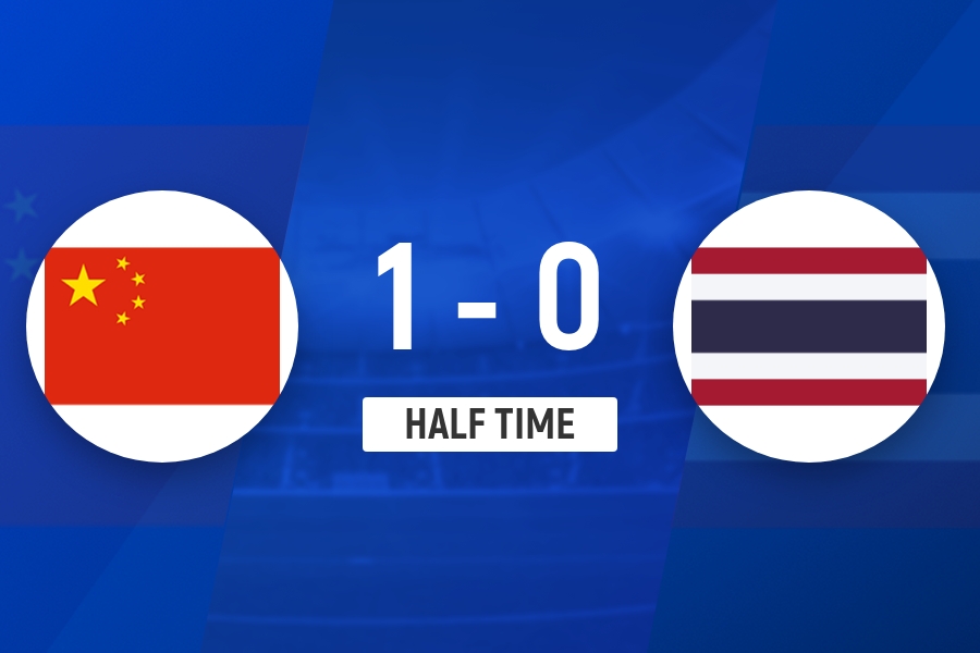 半场-U23国足1-0泰国 彭啸造乌龙毛伟杰大单刀失良机